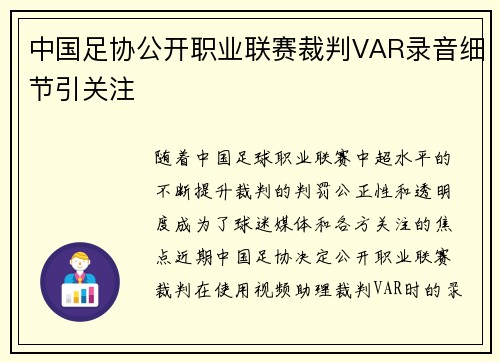 中国足协公开职业联赛裁判VAR录音细节引关注