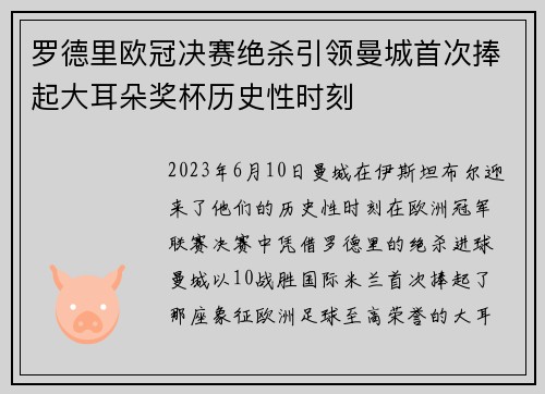 罗德里欧冠决赛绝杀引领曼城首次捧起大耳朵奖杯历史性时刻 罗德里欧冠决赛绝杀引领曼城首次捧起大耳朵奖杯历史性时刻